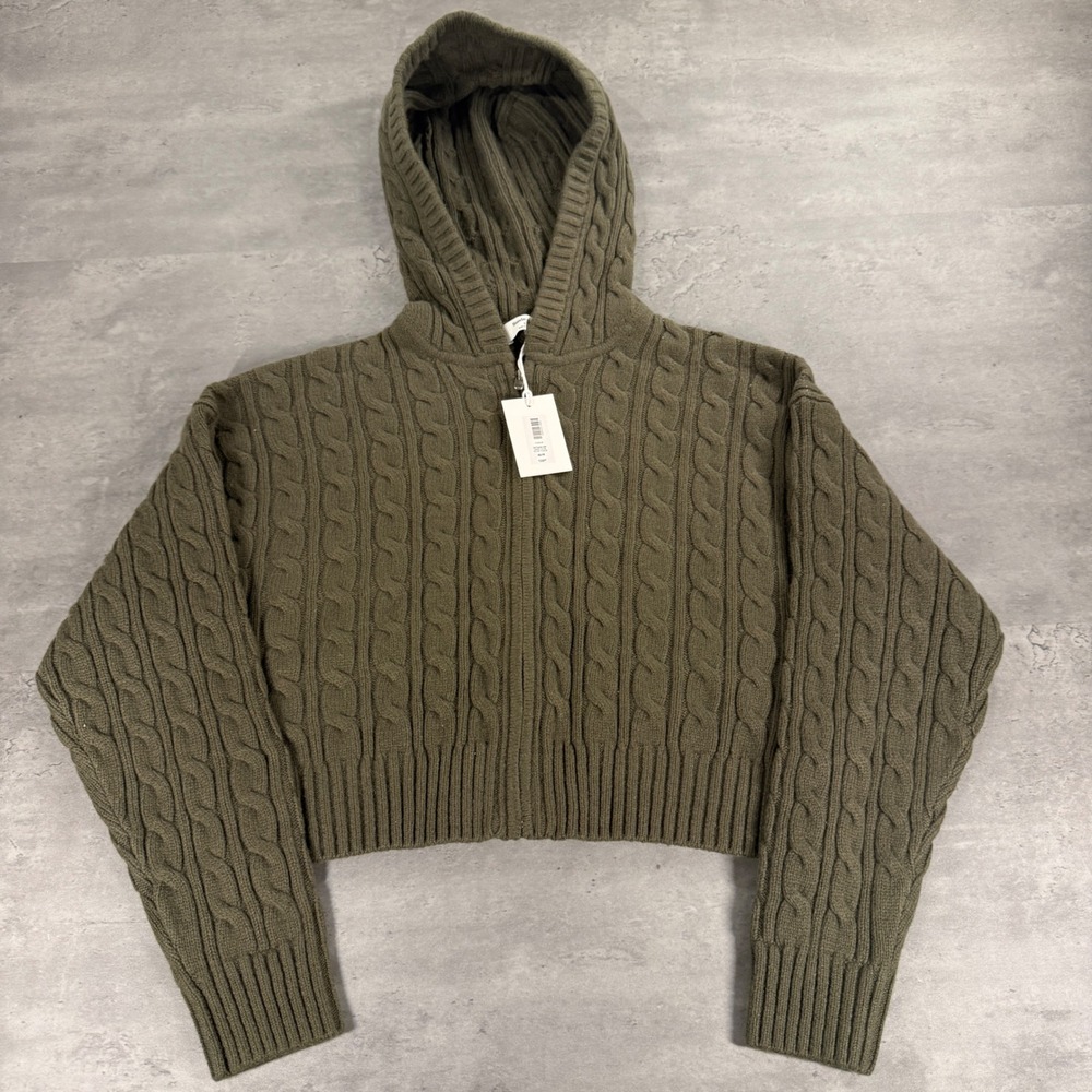Aritzia Sunday Best Hoodie XS Olive Green Octavia Zip Cable Knit Wool Crop $128